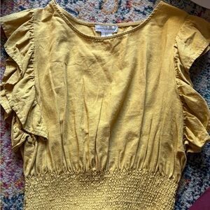 cupcakes and cashmere Mustard Yellow Smocked Linen Blend Peplum Top - Small